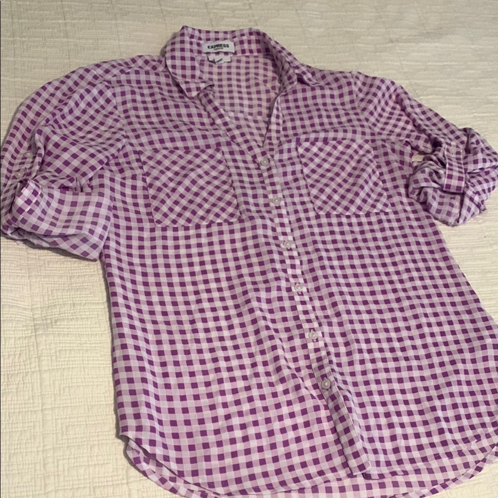 Express Purple Checkered Button Down Shirt